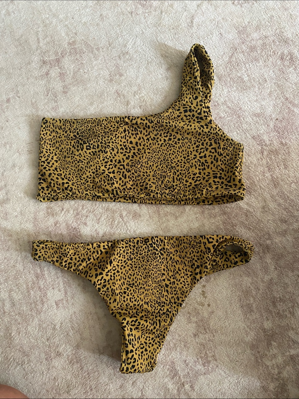 One-Shoulder Leopard Print Bikini Set - Mustard & Black